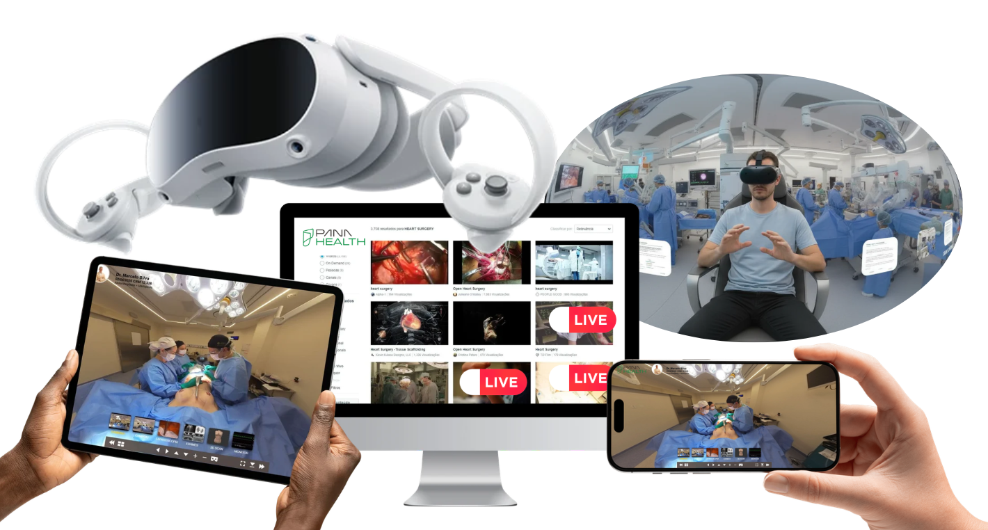 Multi-device — VR headset, monitor, tablet e smartphone exibindo procedimentos imersivos